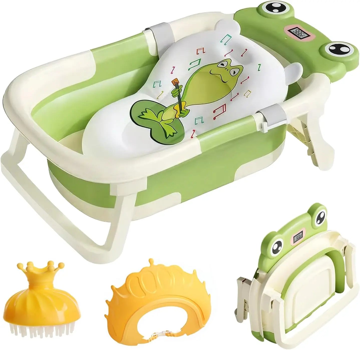 Foldable Baby Bath Tub with Cushion & Thermometer – Portable Bathtub for Newborns & Toddlers (0–36 Months) with Shower Cap & Brush