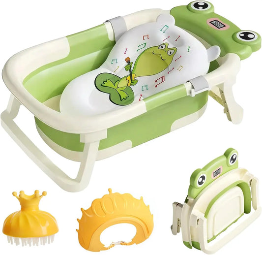 Foldable Baby Bath Tub with Cushion & Thermometer – Portable Bathtub for Newborns & Toddlers (0–36 Months) with Shower Cap & Brush