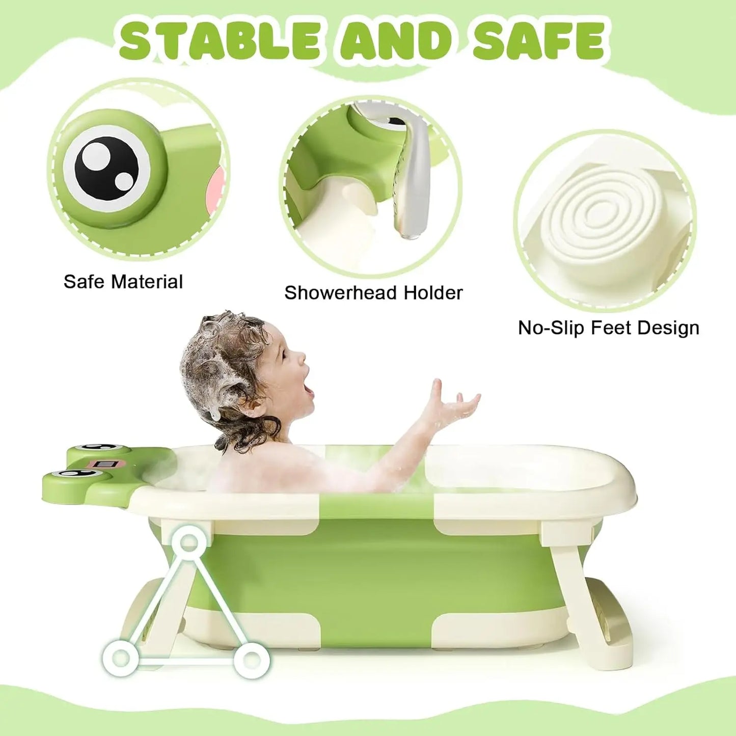 Foldable Baby Bath Tub with Cushion & Thermometer – Portable Bathtub for Newborns & Toddlers (0–36 Months) with Shower Cap & Brush