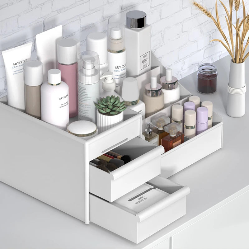 White Plastic Makeup Storage Box – Drawer Organizer for Cosmetics, Skincare & Jewelry