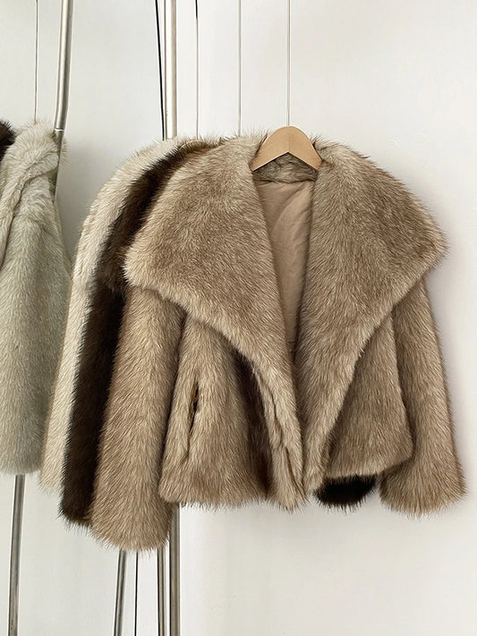 Women’s Faux Fur Jacket – Warm Fluffy Winter Coat | Long Sleeve Khaki Outwear for Autumn & Winter