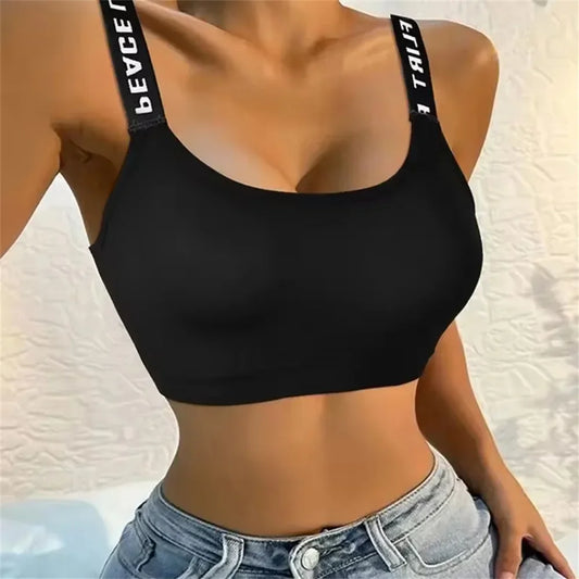 Women’s Letter Strap Back Sports Bra – Wireless, Padded, Wrap Chest Fitness & Yoga | Buy More, Pay Less