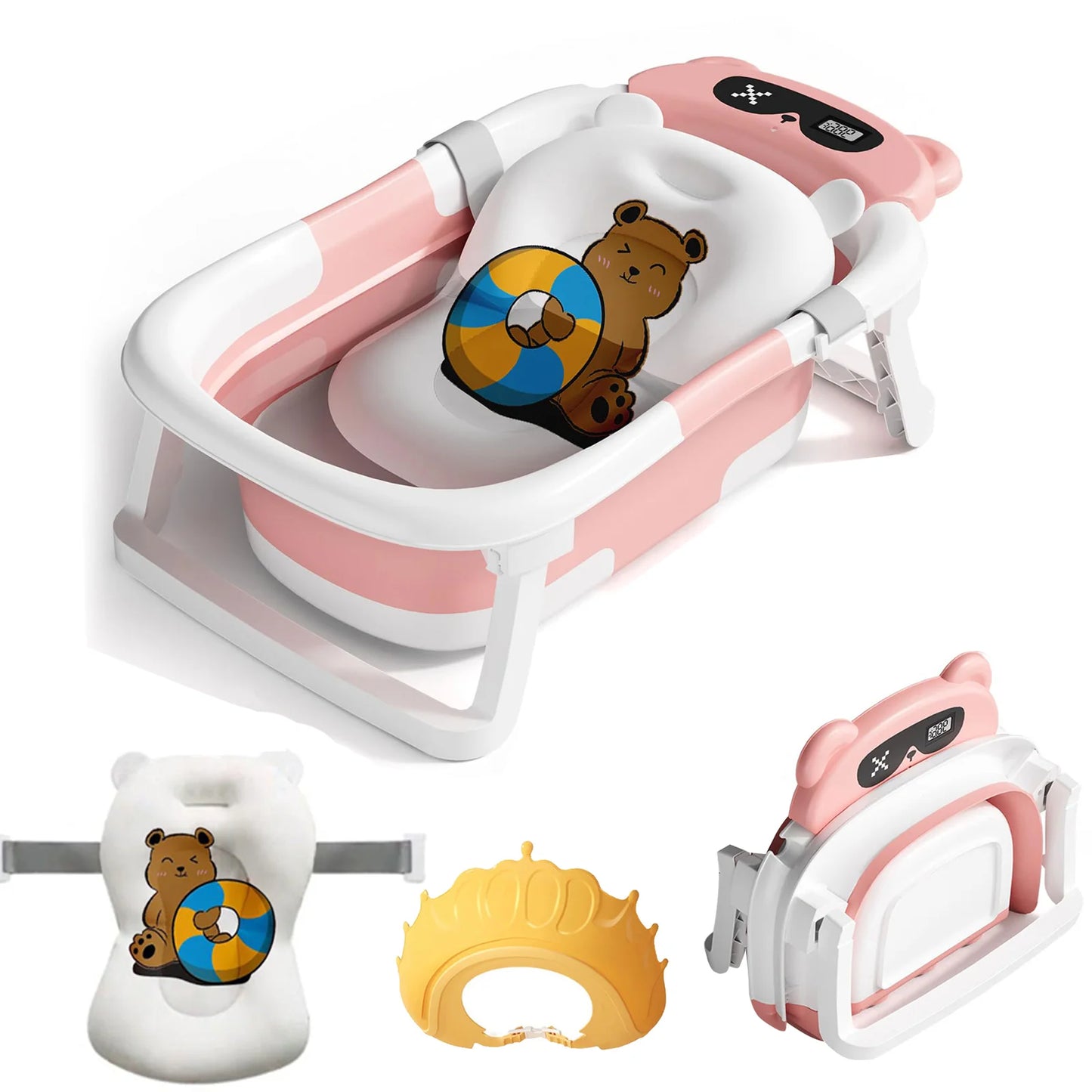 Foldable Baby Bath Tub with Cushion & Thermometer – Portable Bathtub for Newborns & Toddlers (0–36 Months) with Shower Cap & Brush