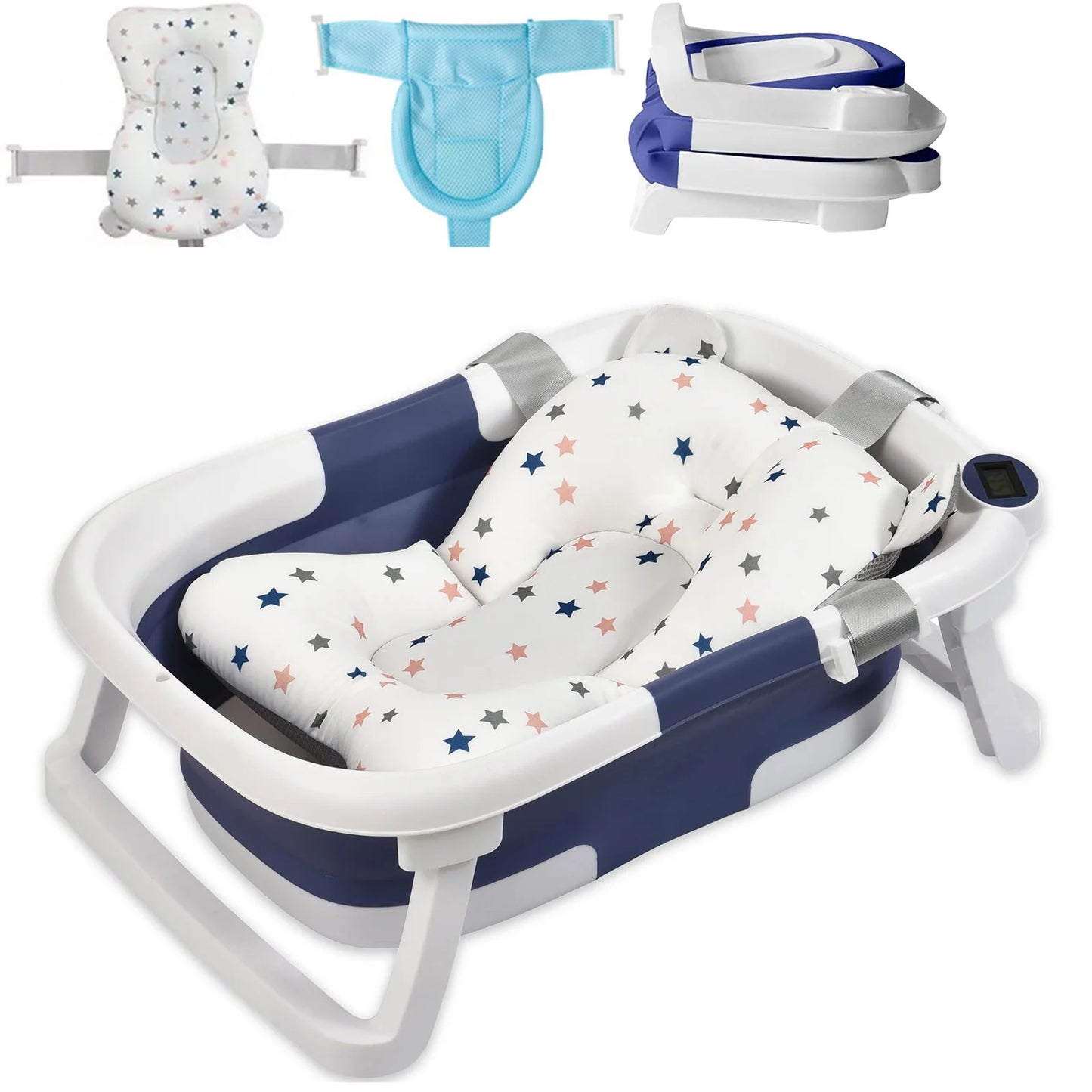 Foldable Baby Bath Tub with Cushion & Thermometer – Portable Bathtub for Newborns & Toddlers (0–36 Months) with Shower Cap & Brush
